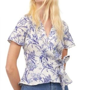 H&M Blue & White Floral Linen Cottage Core Wrap Top Toile Print XL